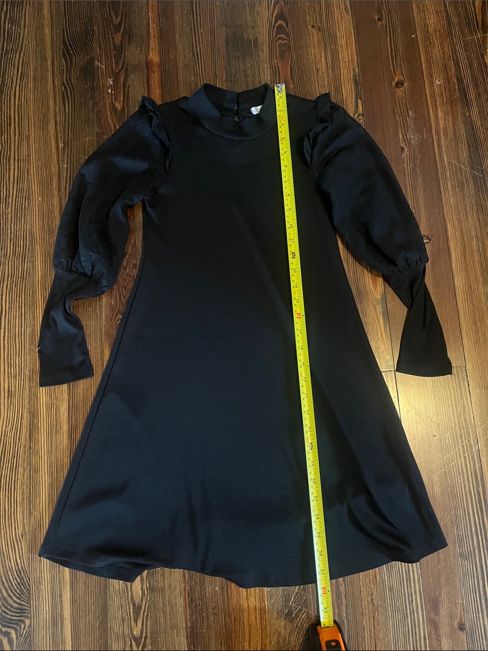 Girls Black Long-Sleeve A-Line Formal Dress with Puff Sleeves